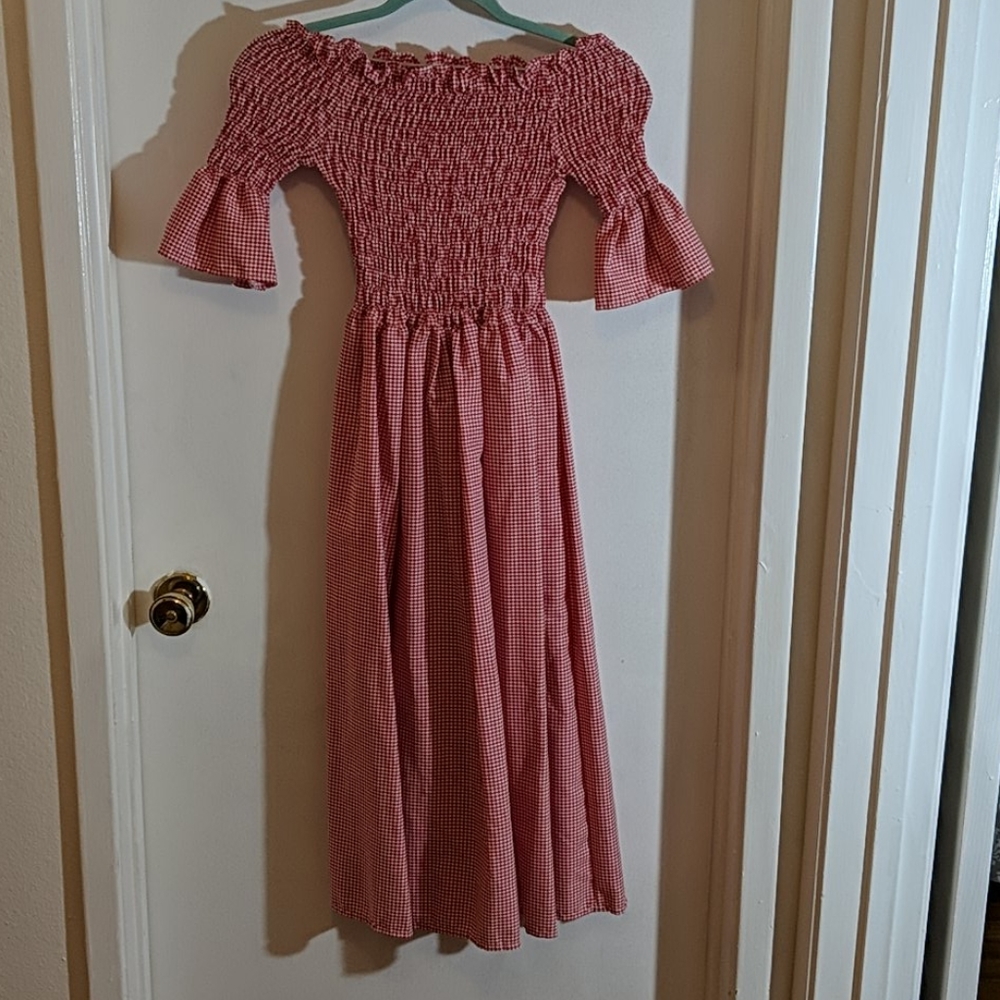 Gingham Off Shoulder Smocked Dress Red